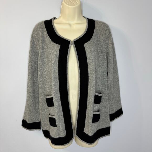 Neiman Marcus Cashmere Grey Black Trim Cardigan Sweater Feminist Luxury Womens L - Picture 9 of 9